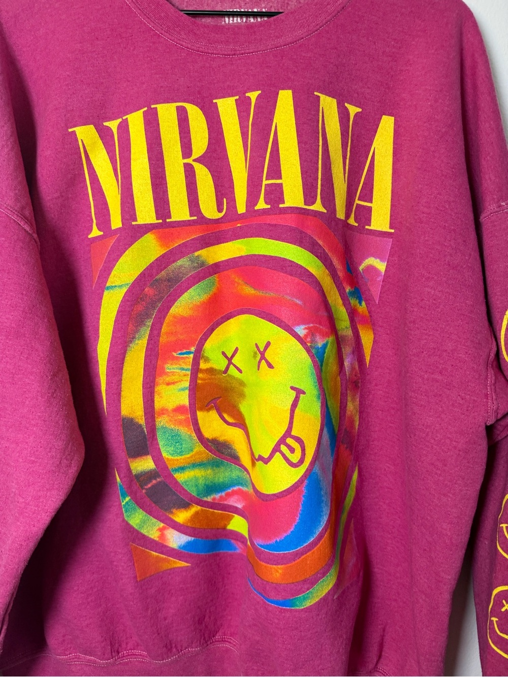Urban Outfitters X Nirvana Pink Spiral Smiley Face Overdyed Crewneck
Sweatshirt - Picture 3 of 7